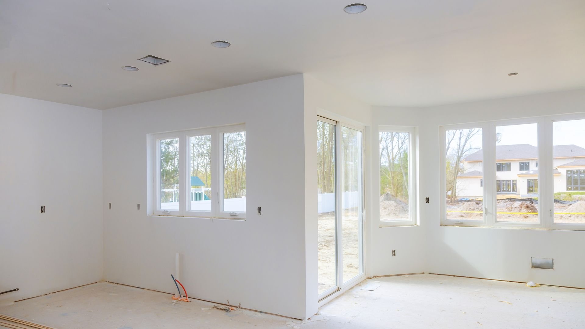 Interior of unfinished room with large windows during home construction