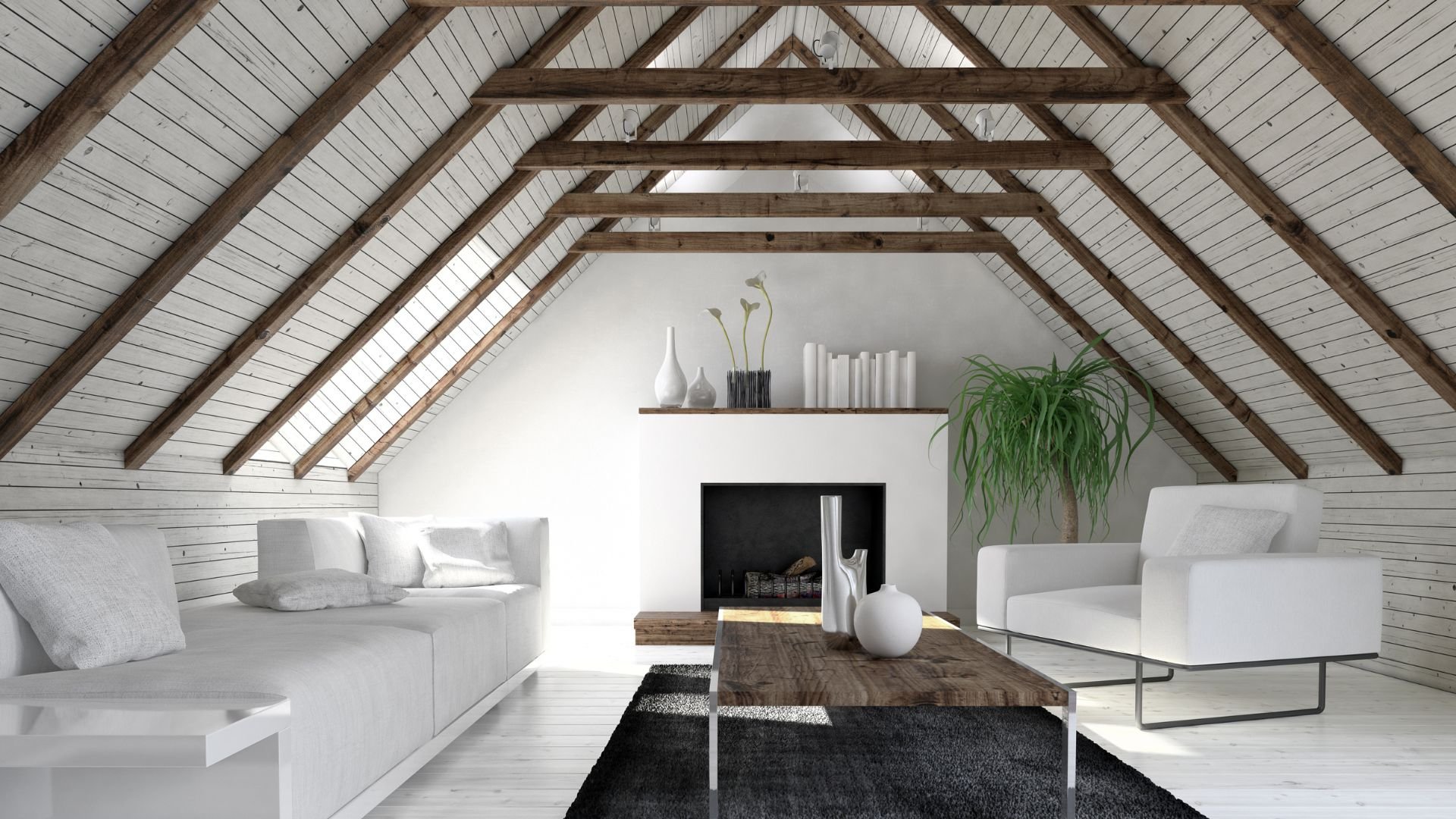 Minimalist attic living room with white furniture and exposed wooden beams