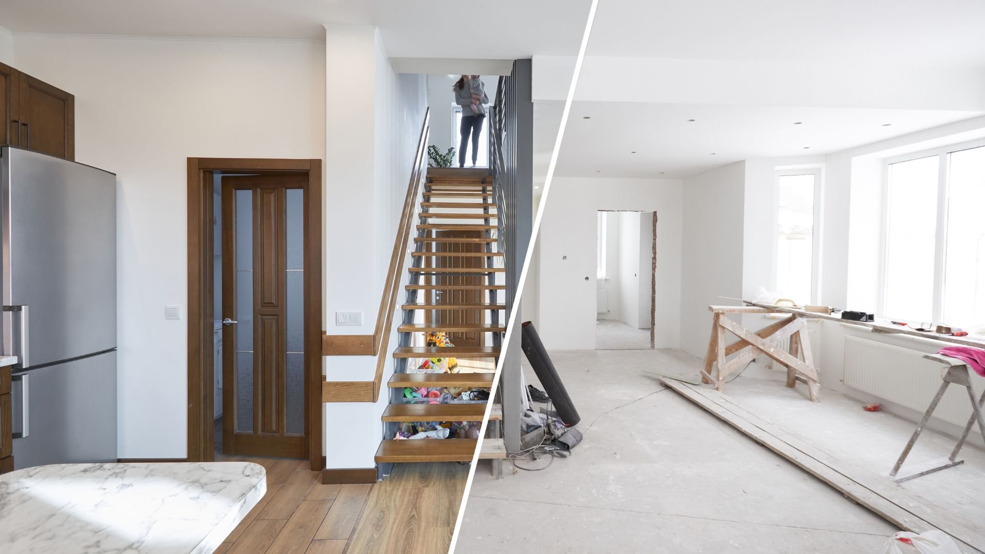 Before and after of home renovation with wooden staircase and modern interior